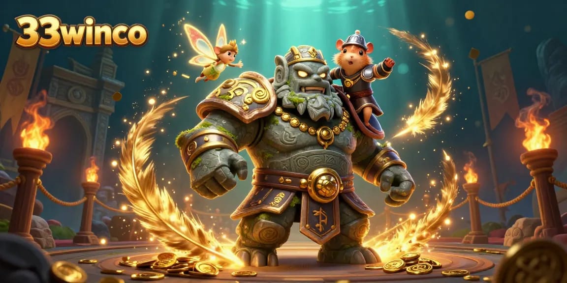 Engage with 33winco's exciting gambling experiences featuring a mystical golem and vibrant gaming elements.