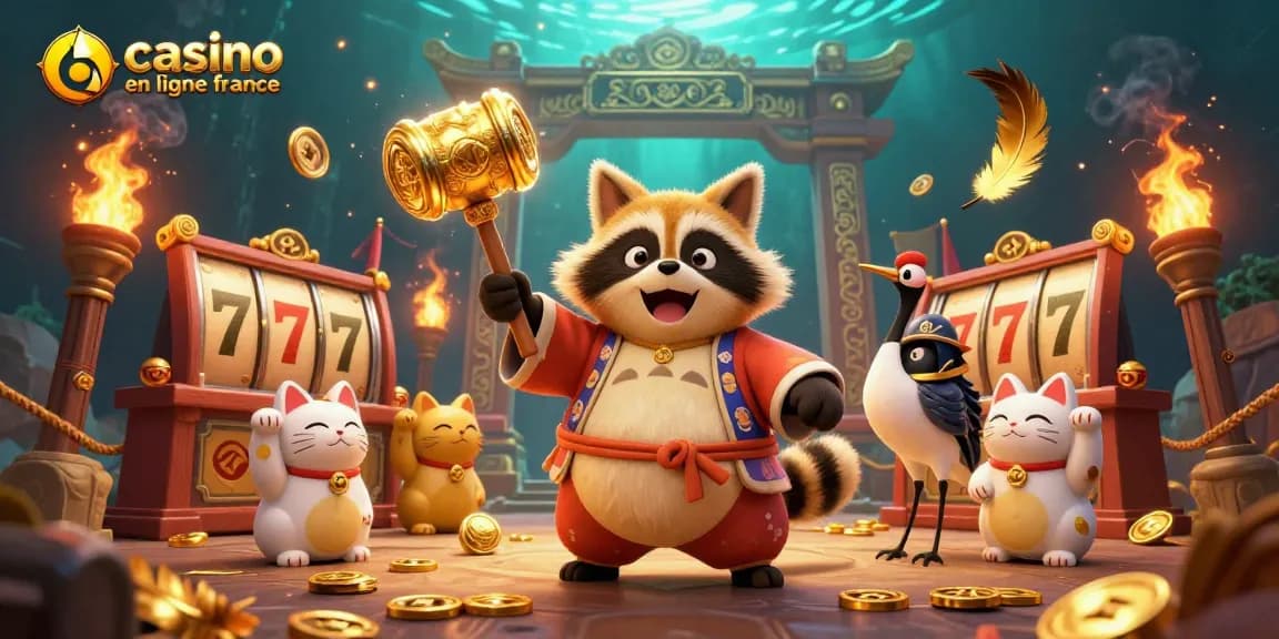 Vivez l'excitation des casinos en ligne en France avec un tanuki joyeux et des symboles chanceux dans une scène 3D vibrante.