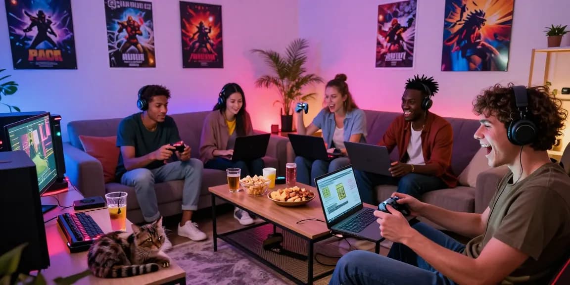 BATIK88 GACOR - Teman-teman bermain game online di ruang tamu dengan suasana ceria dan dekorasi gaming yang menarik.