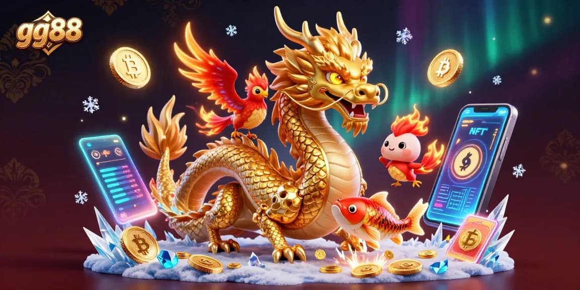 Win big at gg88 with an exciting 3D casino scene featuring a dragon, phoenix, and koi fish amidst glowing coins.