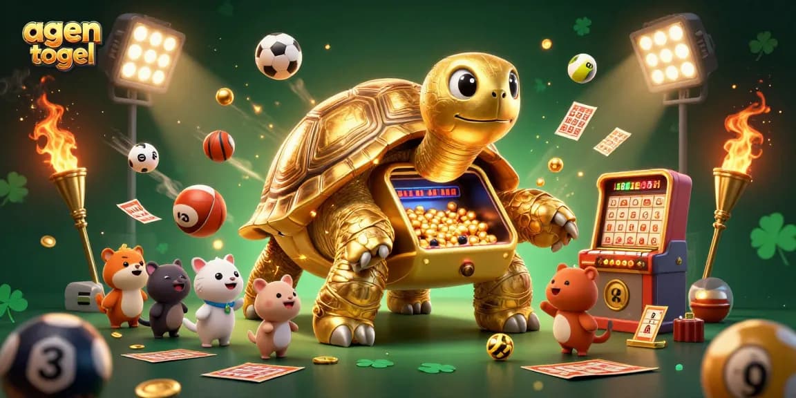 Memenangkan agen togel dengan berbagai elemen lotere dan keceriaan hewan kecil yang excited.