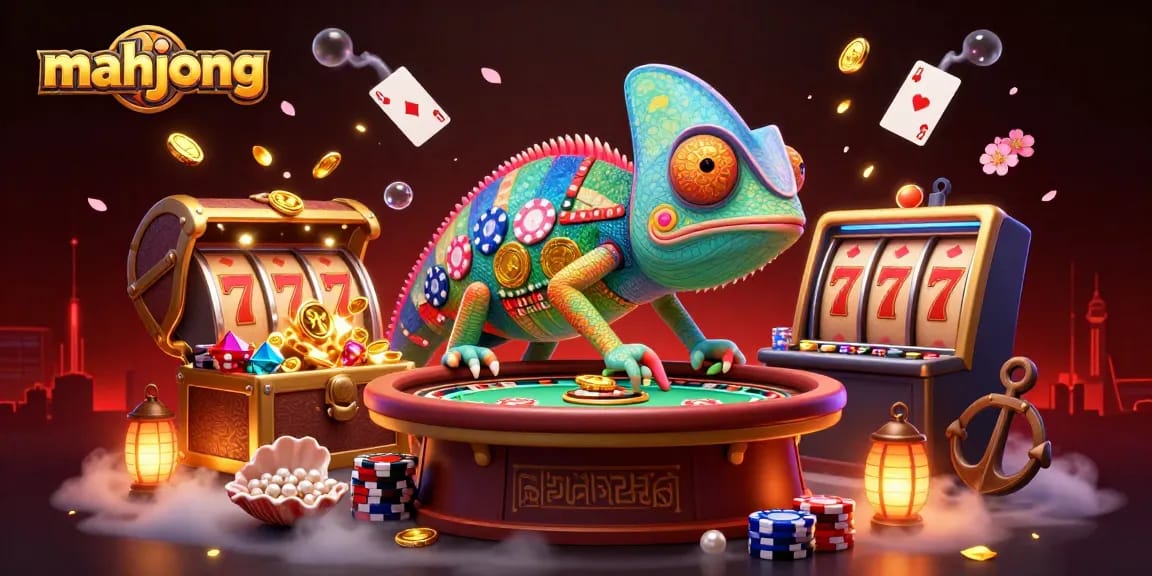Engage in mahjong with this vibrant 3D illustration featuring dynamic casino elements and winning treasures.