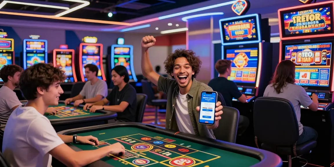 Players enjoying slot depo 5k games in an exciting casino environment, celebrating wins amidst vibrant gaming machines.