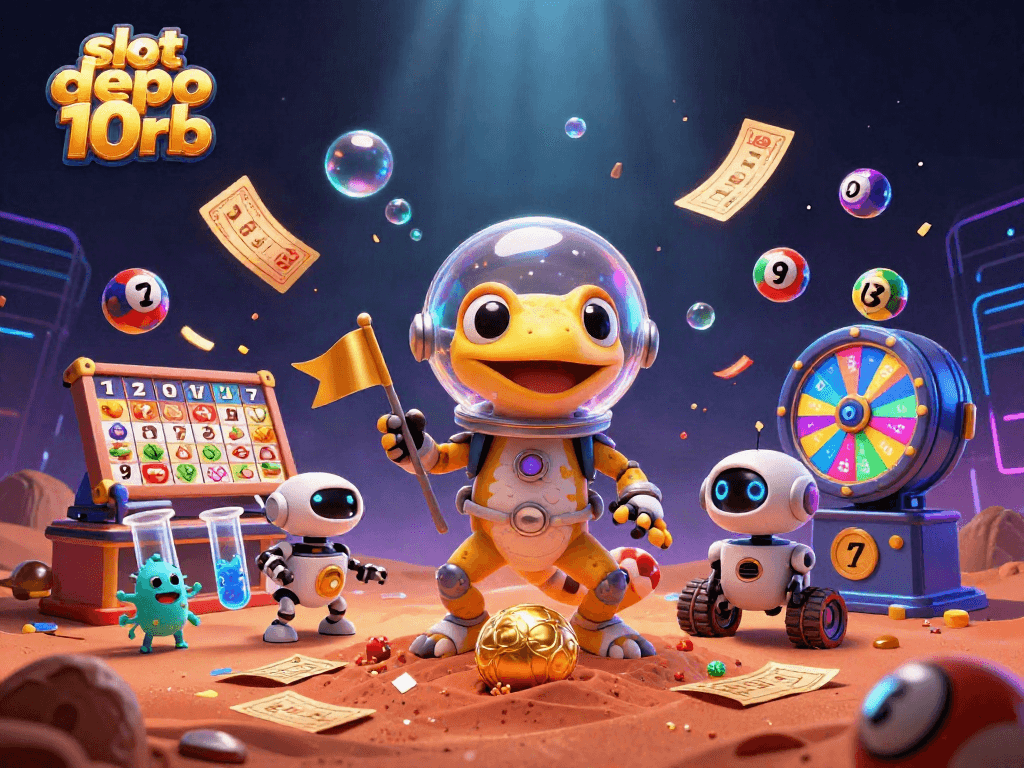 Experience the excitement of slot depo 10rb with vibrant slot reels and animated characters illustrated in a cosmic casino.