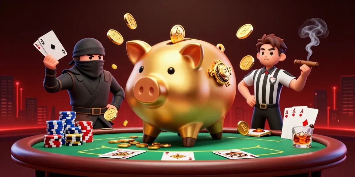 Cổng game Sunwin features a dynamic scene with a golden piggy bank sumo wrestler and a wallet ninja competing over poker chips.