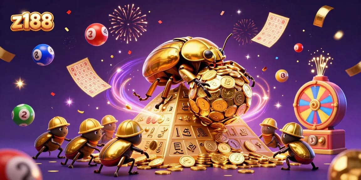 Experience the thrill of z188 casino games with vibrant 3D graphics of a golden beetle and lottery elements.