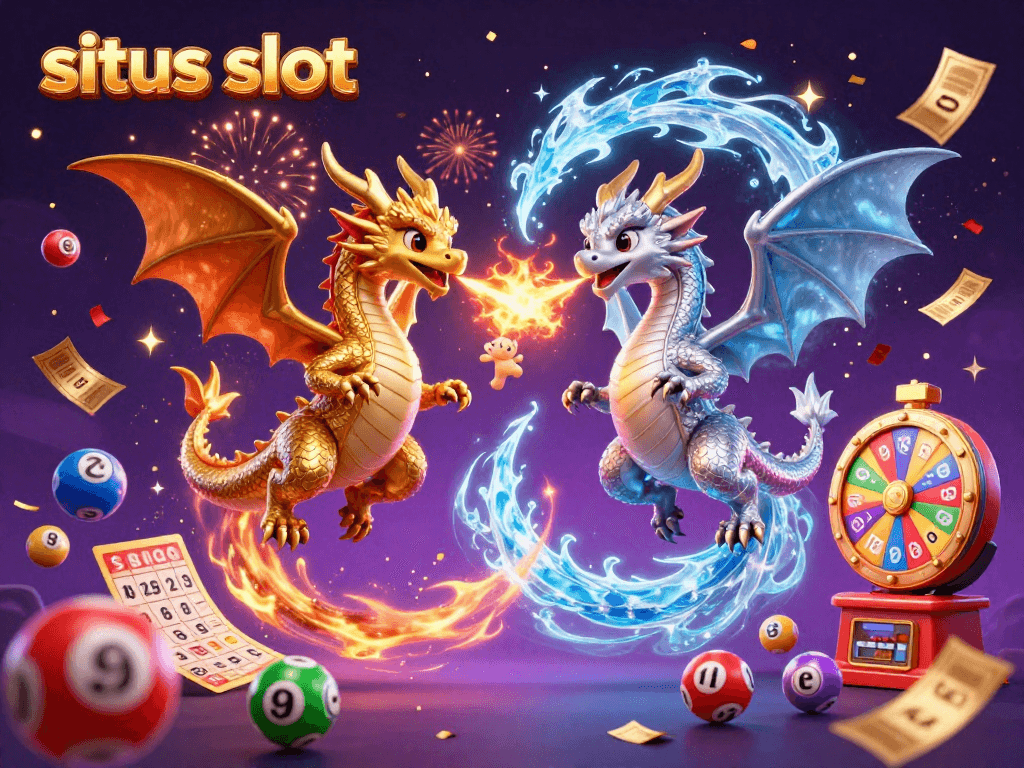 Situs slot scene featuring gold and silver dragons battling with fire and ice, surrounded by colorful lottery elements.