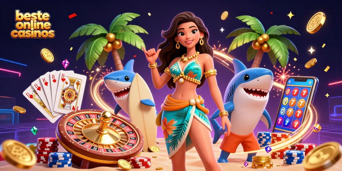 Play at the beste online casinos with a glamorous beach theme featuring vibrant gambling elements.