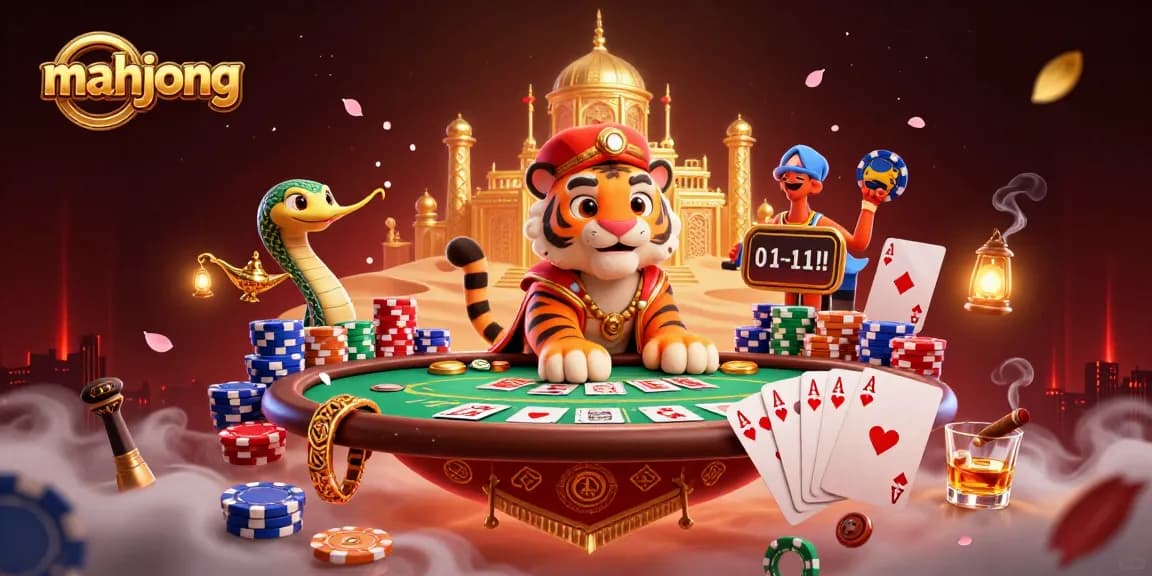 Experience mahjong excitement with a vibrant Arabian-themed illustration featuring a tiger sultan and magical elements.