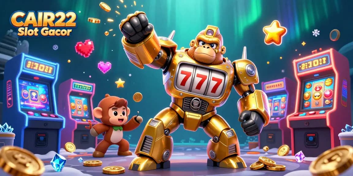 CAIR22 Slot Gacor memicu jackpot dengan karakter 3D kasino yang menarik dan mesin slot berkilauan.