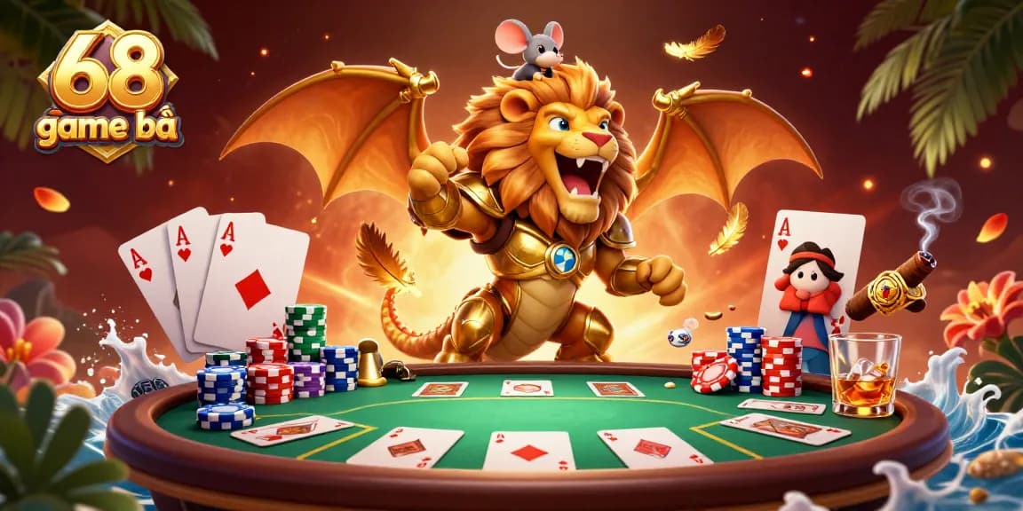 Experience thrilling poker action in 68 game bài with a fierce chimera creature and dynamic game elements.