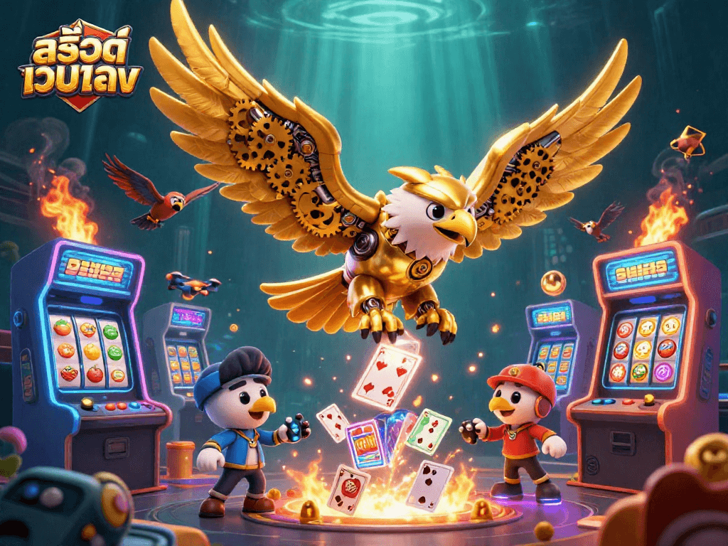 Engage with สล็อตเว็บตรง while gambling among 3D colorful game elements and a golden cybernetic eagle.