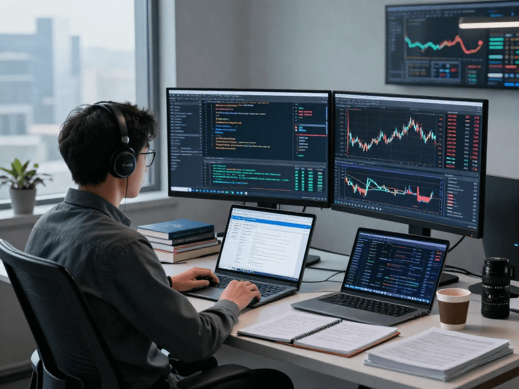 Data engineer working on futures WebSocket streaming API at modern workspace with trading data.