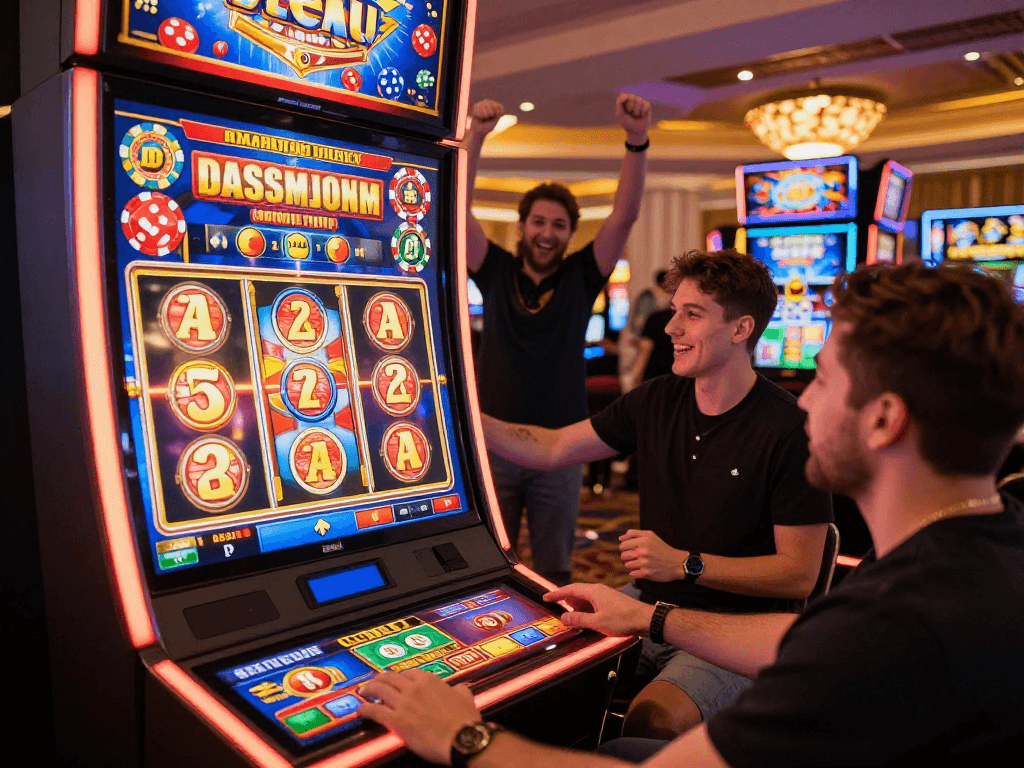 Engaging moment of a player enjoying bandar slot gacor games, with colorful slot machine and lively casino atmosphere.