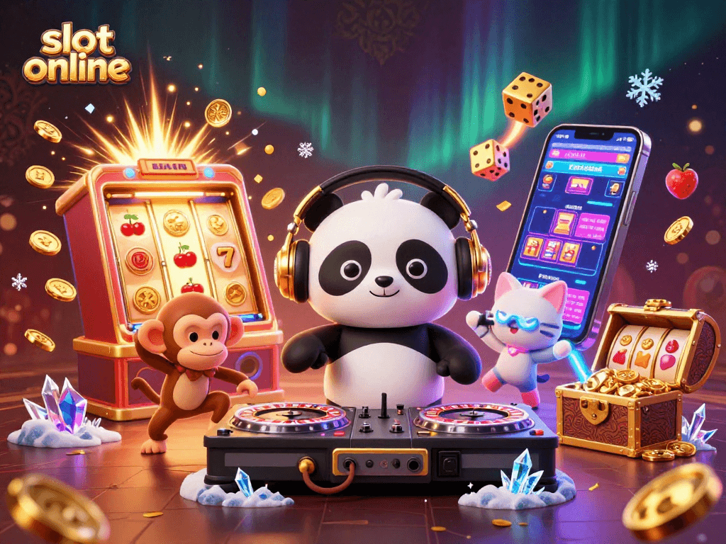 Engage with the excitement of slot online games in a vibrant 3D illustration featuring a DJ panda and friends.