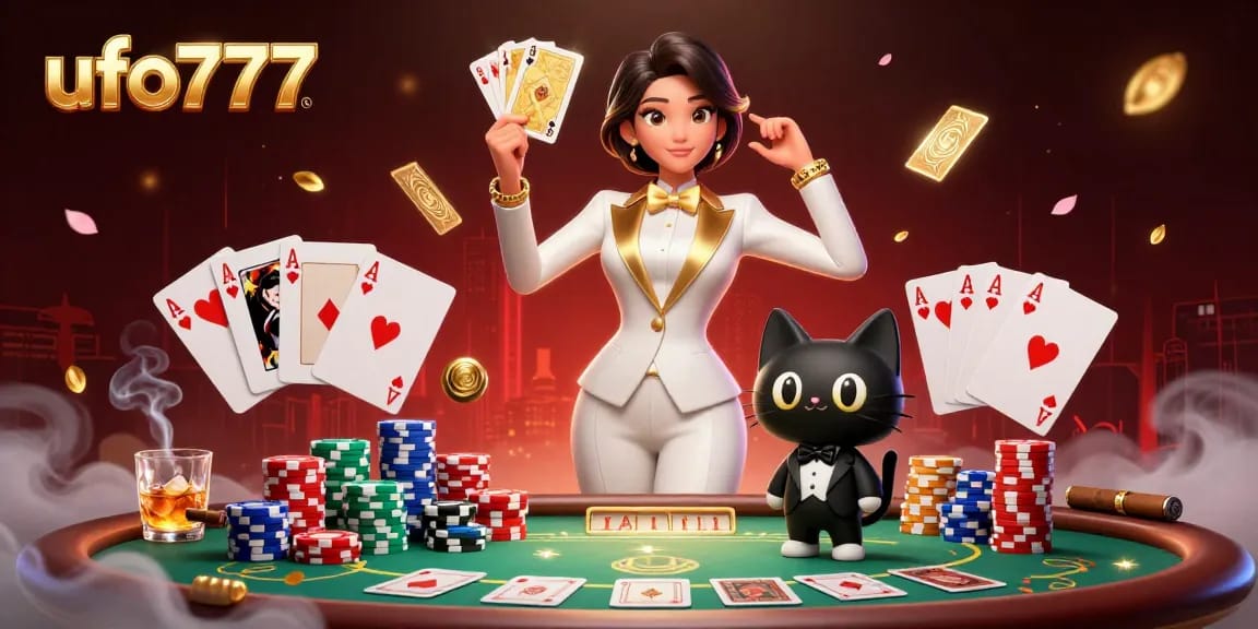 Experience thrilling card games with ufo777's glamorous scene featuring poker and vibrant elements.