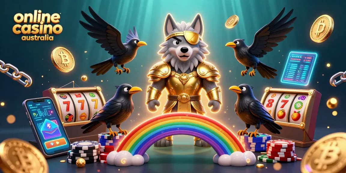 Experience the thrill of online casino Australia with a vibrant scene featuring Odin and his ravens amidst glowing slot elements.