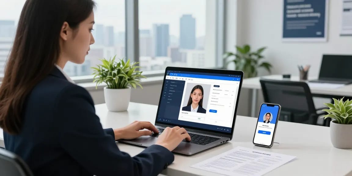 Efficient age verification system demonstration showcasing AI-powered compliance software in a modern office.