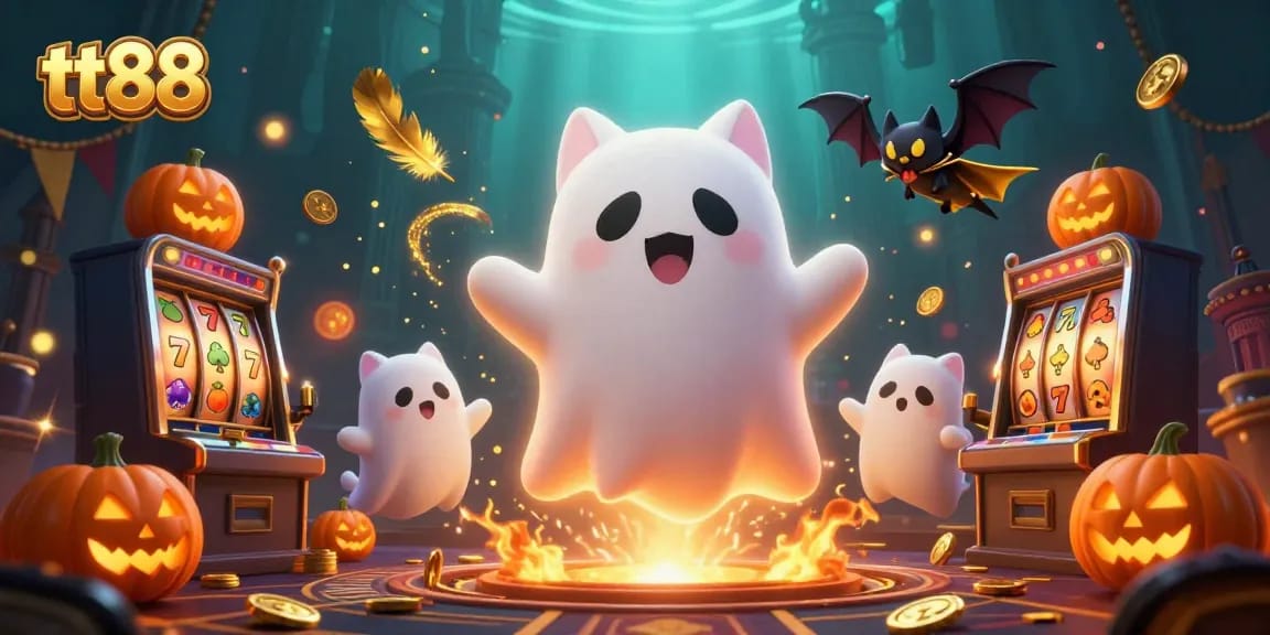 Engage with tt88 as a ghost cat and bat companion explore a haunted casino filled with slot machines.