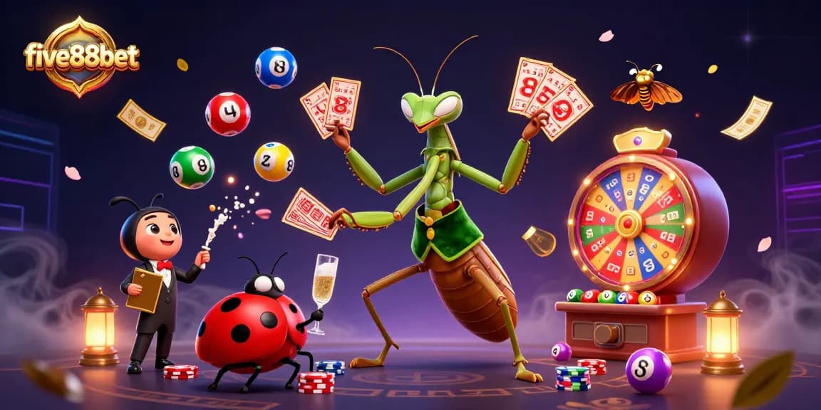 Engaging five88bet casino scene with a giant praying mantis and ladybug characters interacting with lottery elements.