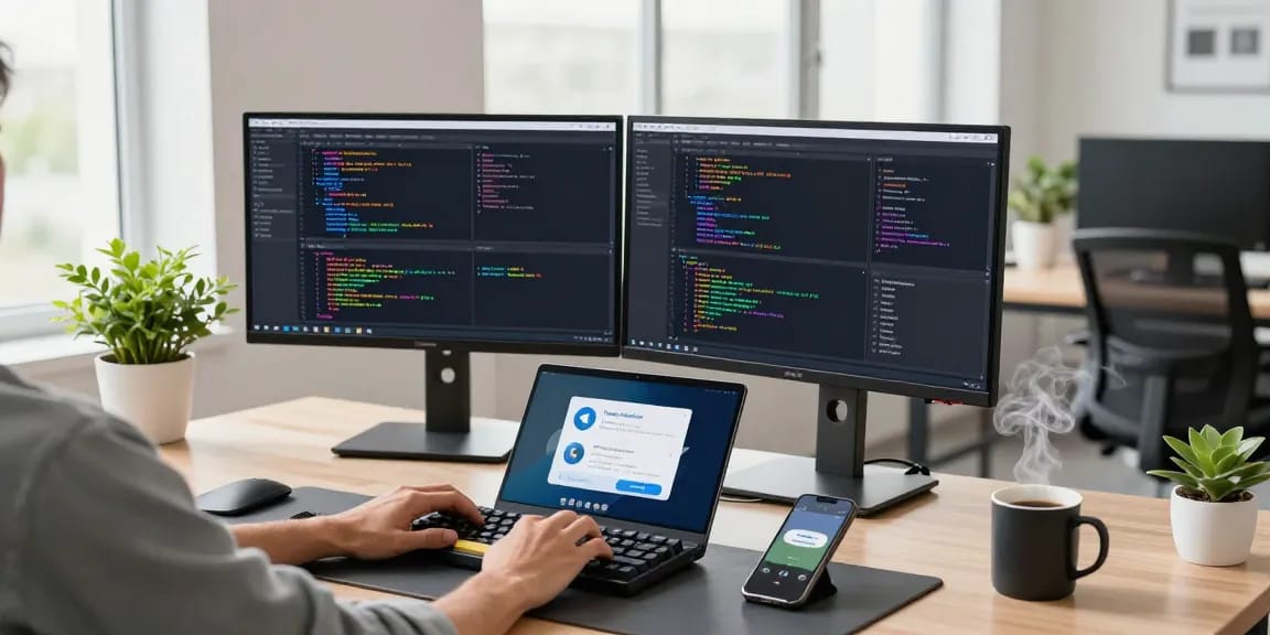 Engaged developer creating the 纸飞机中文版 app in a modern workspace with dual monitors.