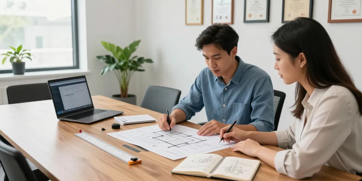 Engineering expert witness Missouri, Professional Engineer Seth Kitchen consulting with a client, reviewing architectural plans in a well-lit office.