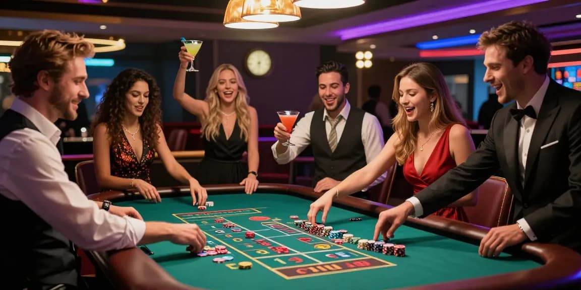 Friends celebrating their luck at newbet4d roulette table, vibrant casino night.