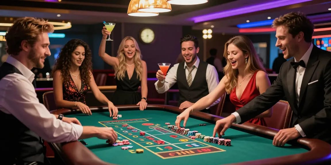 Friends celebrating their luck at newbet4d roulette table, vibrant casino night.