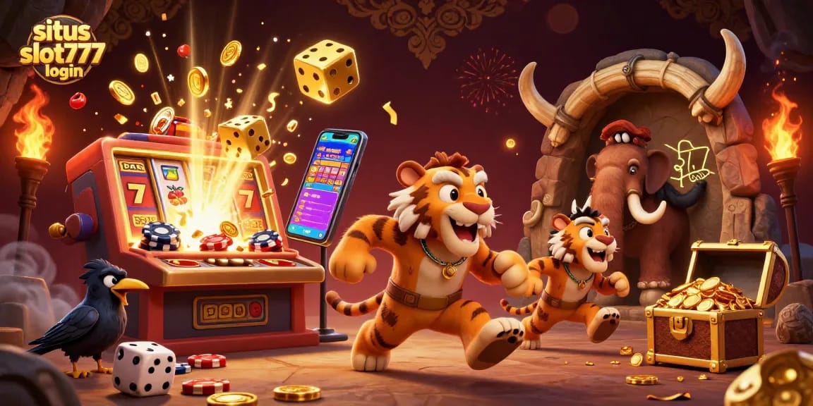 Situs slot777 login showcases a playful prehistoric casino scene featuring cavemen, a sabertooth tiger, and gaming symbols.