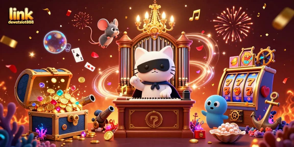 Menangkan jackpot saat bermain di link dewataslot888 dengan kucing putih yang bermain organ kasino.