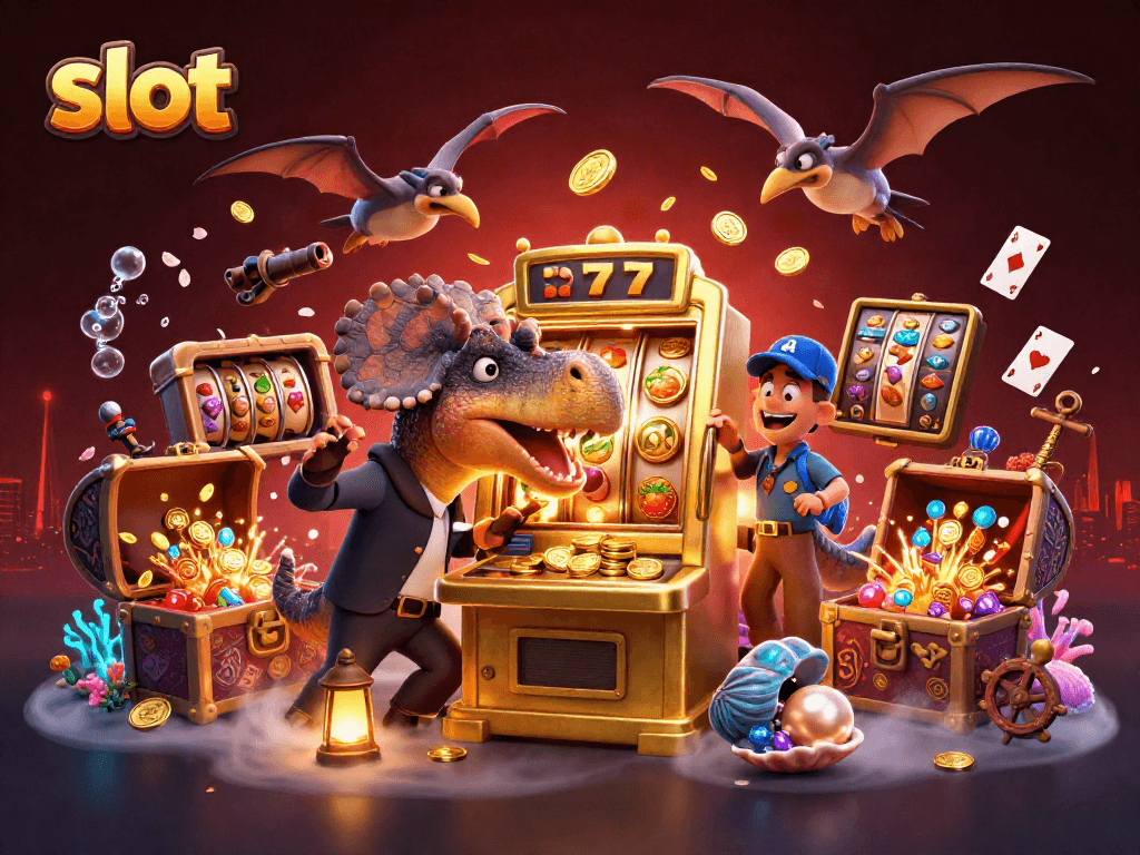 Slot machine jackpot triggered by a dinosaur with flying coins embraced by a vibrant casino-themed underwater scene.