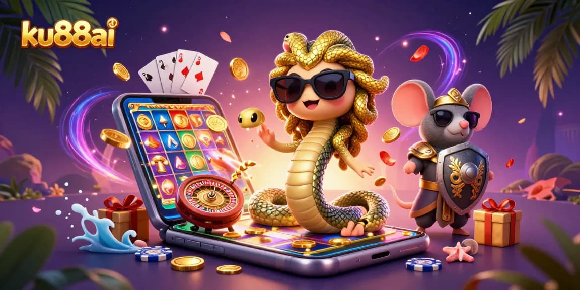 ku88ai's vibrant gaming scene with Medusa and a mouse, showcasing exciting casino elements.