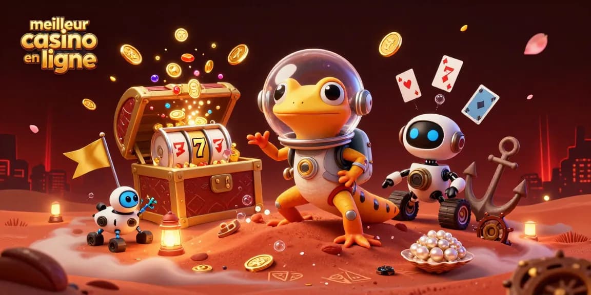 Jouer au meilleur casino en ligne dans une illustration de casino, avec des machines à sous, des pièces dorées et un iguane martien.