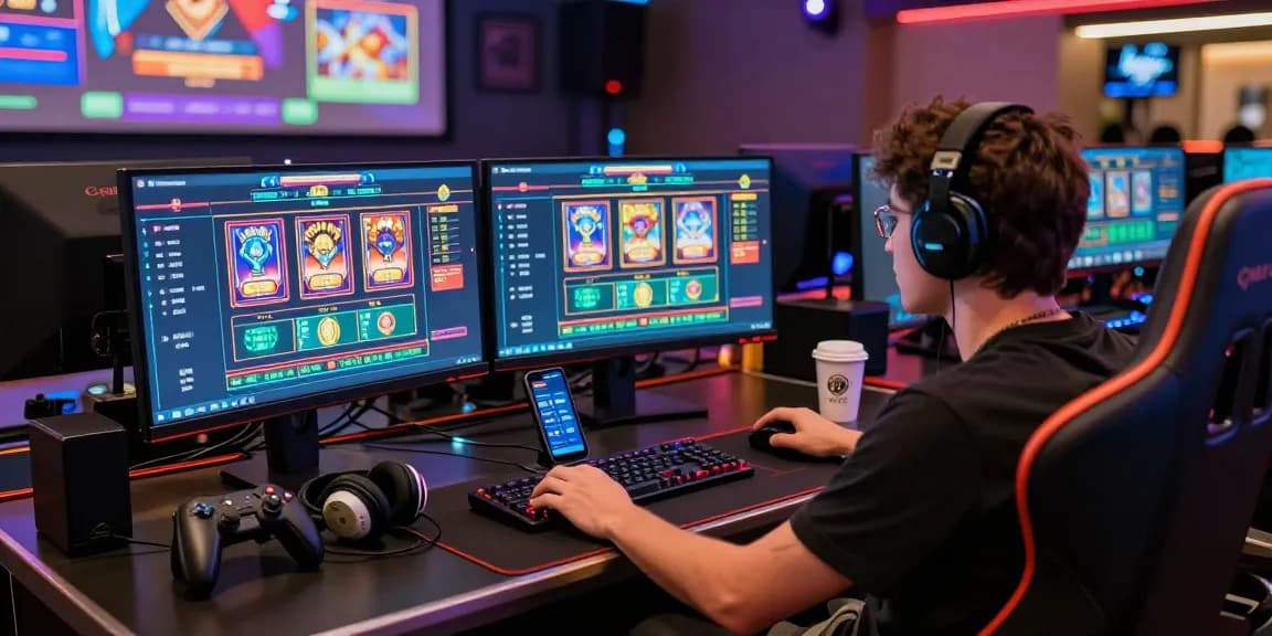 Engaged player at raja 328 online casino, showcasing vibrant gaming environment and dual monitors.