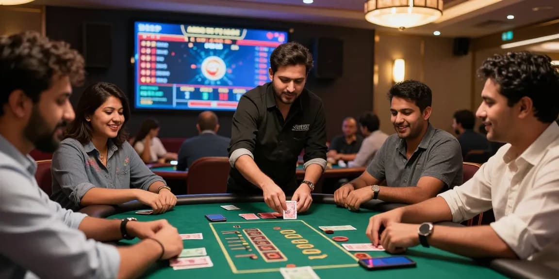 Engaging scene of players at an Andar Bahar casino game table with lively dealer and real-time action.