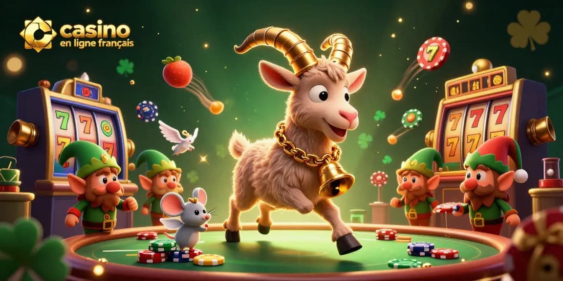 Illustration immersive de casino en ligne français avec Krampus, souris angélique et gremlins elfes. Jouez maintenant!