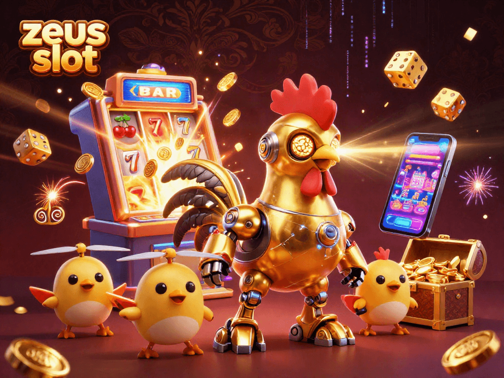 Experience the zeus slot excitement as a robotic rooster blasts lasers amid a jackpot explosion.