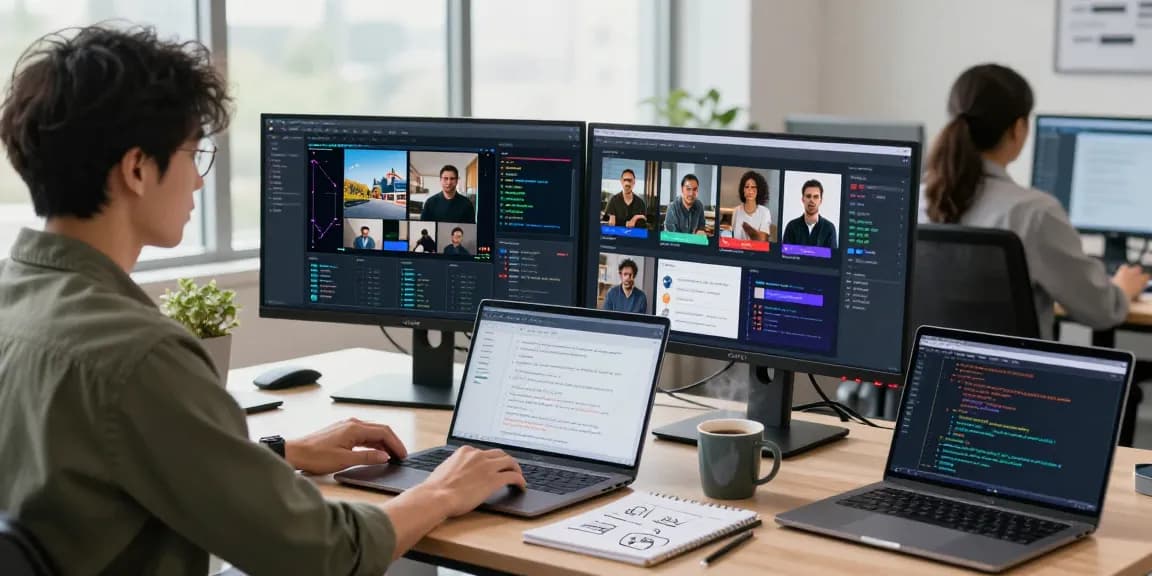 AI image detector interface displayed on monitors in a modern workspace for content moderation