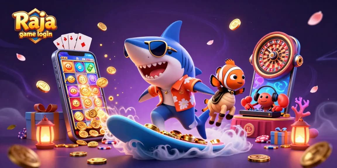 Experience the thrill of Raja game login with a vibrant 3D scene of gaming characters and casino elements.