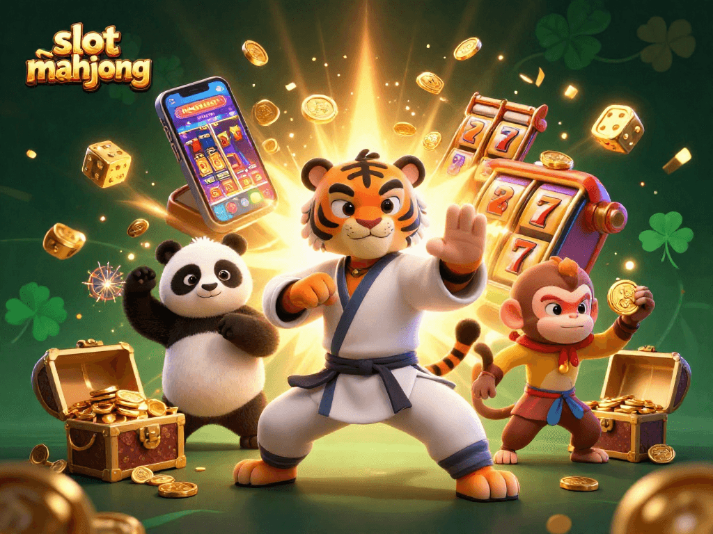 Experience slot mahjong action with a kung fu tiger master and dynamic casino elements in this vibrant scene.
