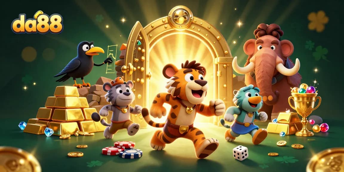 Experience the thrill at da88's prehistoric casino with animated caveman and sabertooth duo.