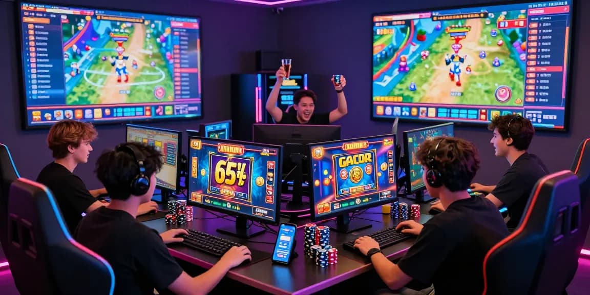 Exciting gaming environment showcasing slot gacor gameplay with players celebrating wins in a modern setting