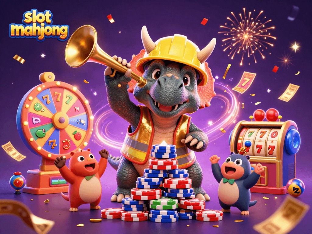 Engage with slot mahjong through a vibrant 3D illustration showcasing dynamic characters and casino elements.