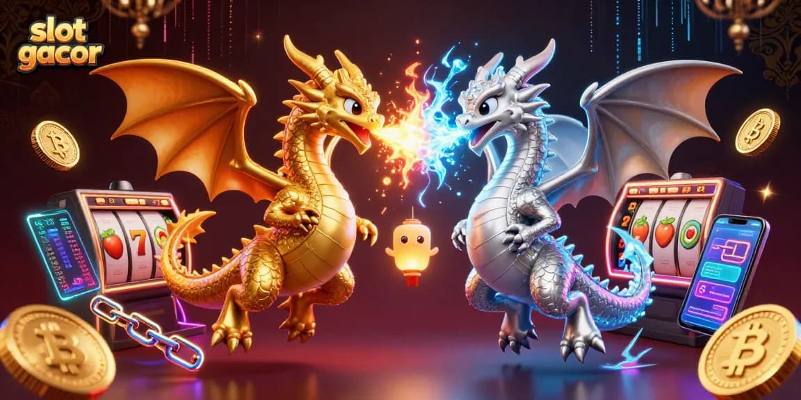 Spin to win with slot gacor, featuring dynamic dragons amidst glowing crypto elements in a vibrant casino scene.