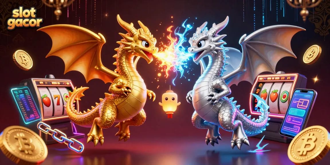 Spin to win with slot gacor, featuring dynamic dragons amidst glowing crypto elements in a vibrant casino scene.