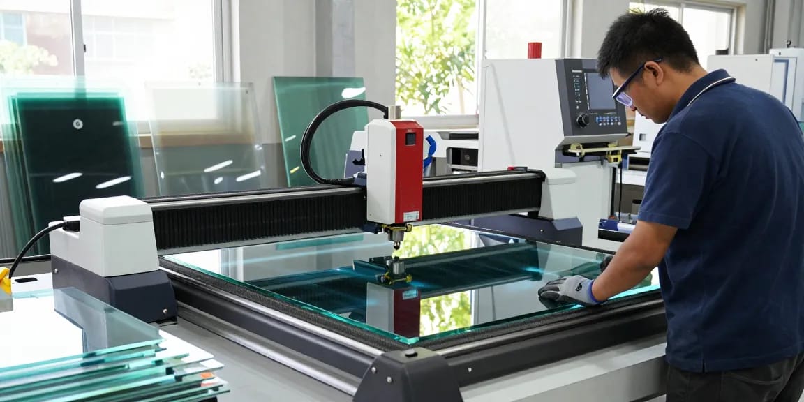 Technician using a glass cutting table in a modern glass processing workshop, emphasizing precision cutting