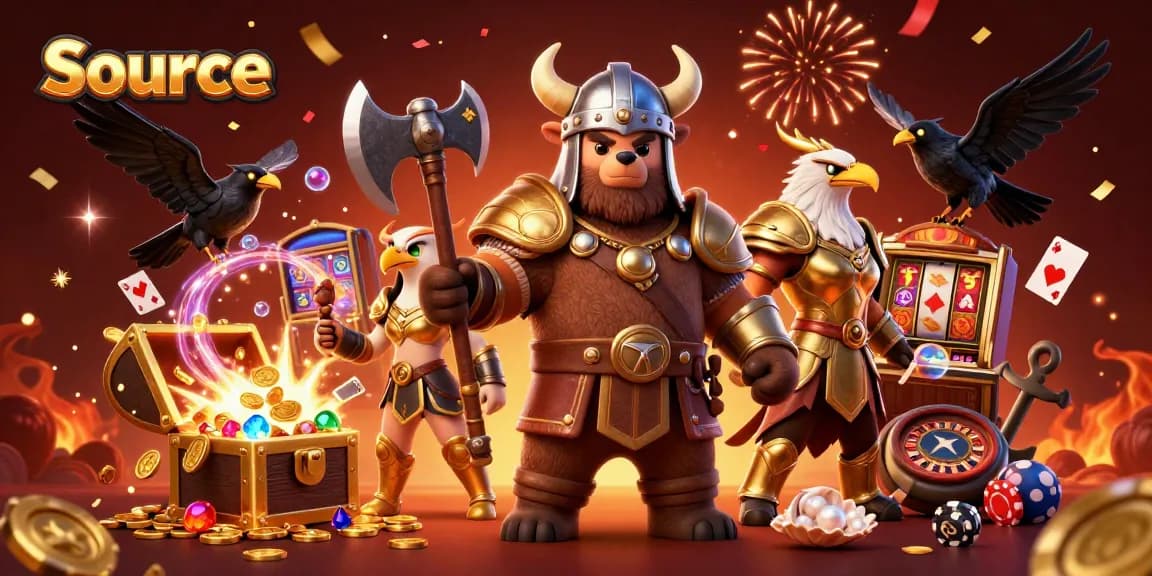 Experience thrilling action at Source with a Viking bear and Valkyrie eagle amid casino games.