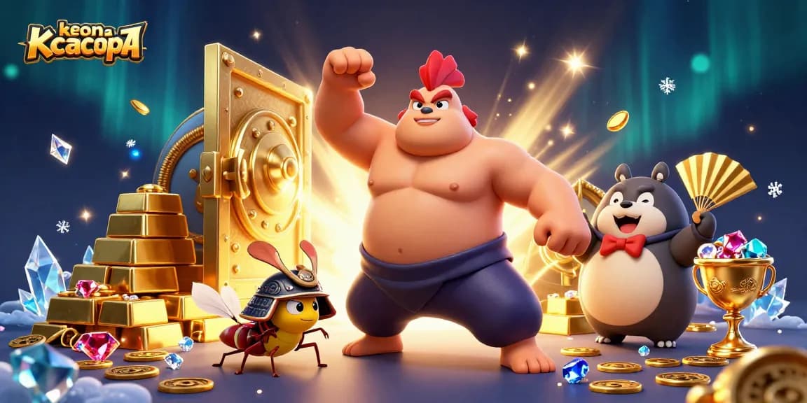 Engage with keonhacaicopa's thrilling scene featuring a powerful sumo wrestler, cricket, and tanuki amid jewels and riches.