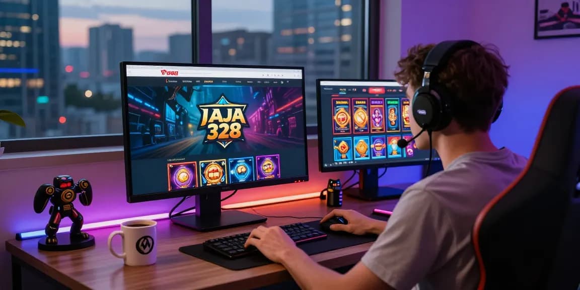 Gamer focused on raja 328 online gaming platform with vibrant atmosphere