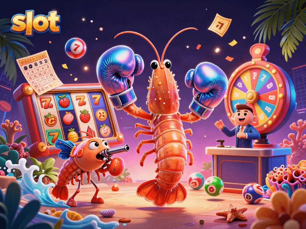Engage in thrilling slot gameplay with an energetic 3D shrimp crew amidst vibrant gaming elements.